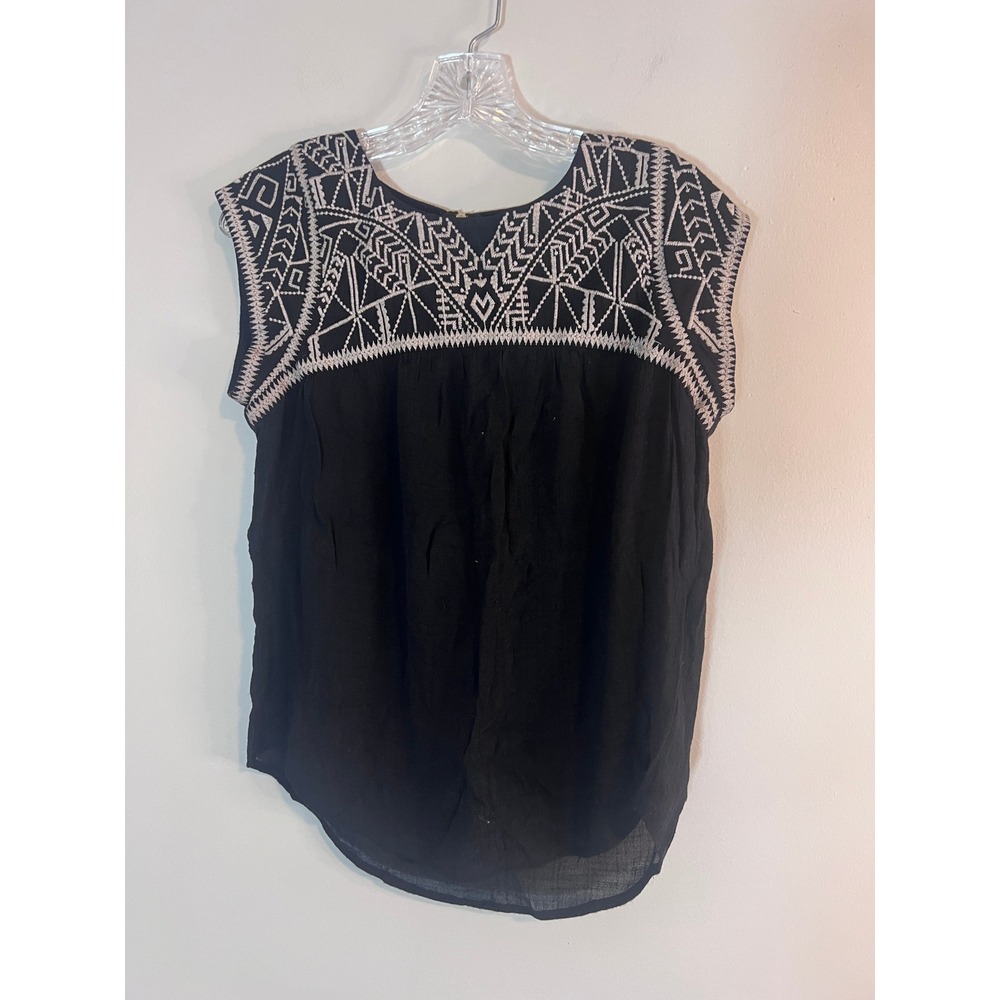 THML Black Embroidered Sleeveless Blouse Boho Geometric Yoke Top TM3002 Mens M
